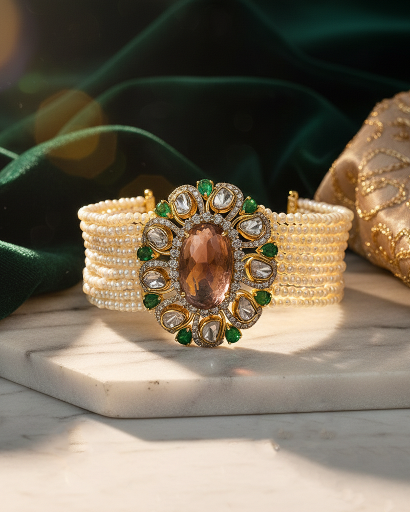 Polki bracelet in while marbonite with soft green and beige cloths in the background