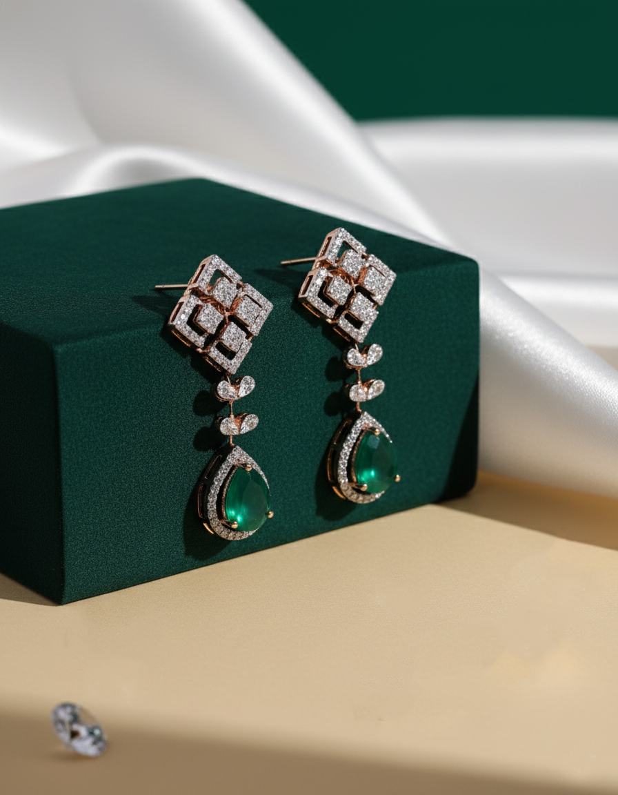 Pair of earrings with green gemstones on a green stand against a white fabric background