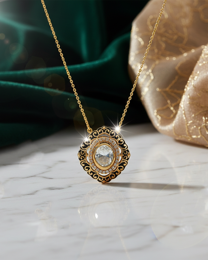 Polki Uncut Diamond Locket with Jali Work Backing - K1LT18YPOL060