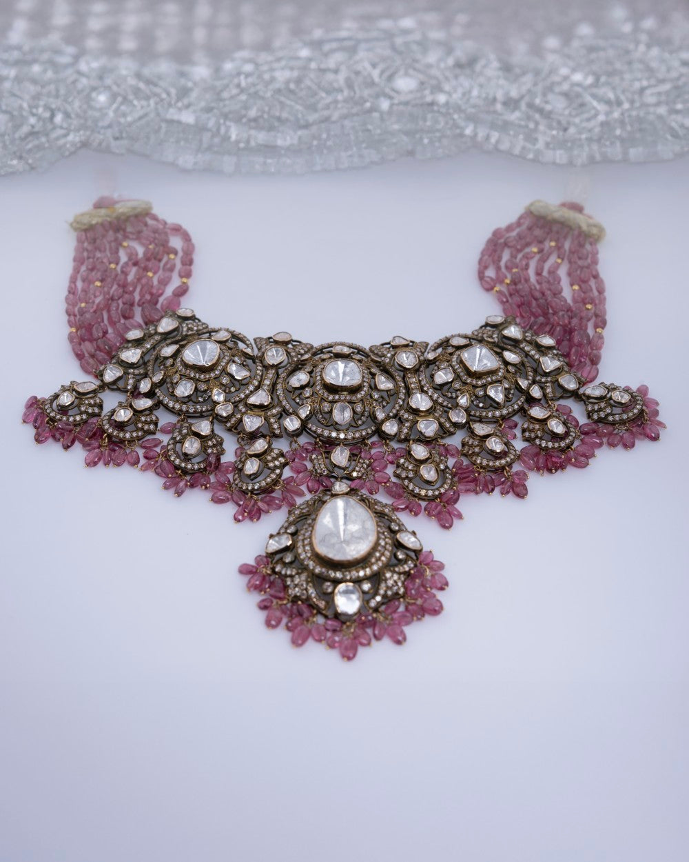 Polki Uncut Diamond Fancy Necklace with Open Back Fliligree Craftmanship - K1NK18YPOL022