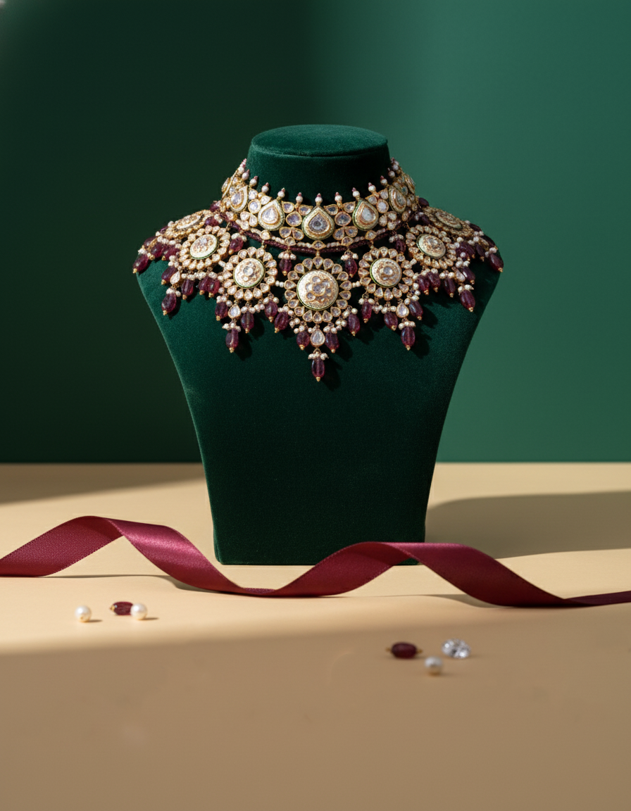 Polki Uncut Diamond Fancy Necklace with Enamal Backing - K1NK18YPOL024