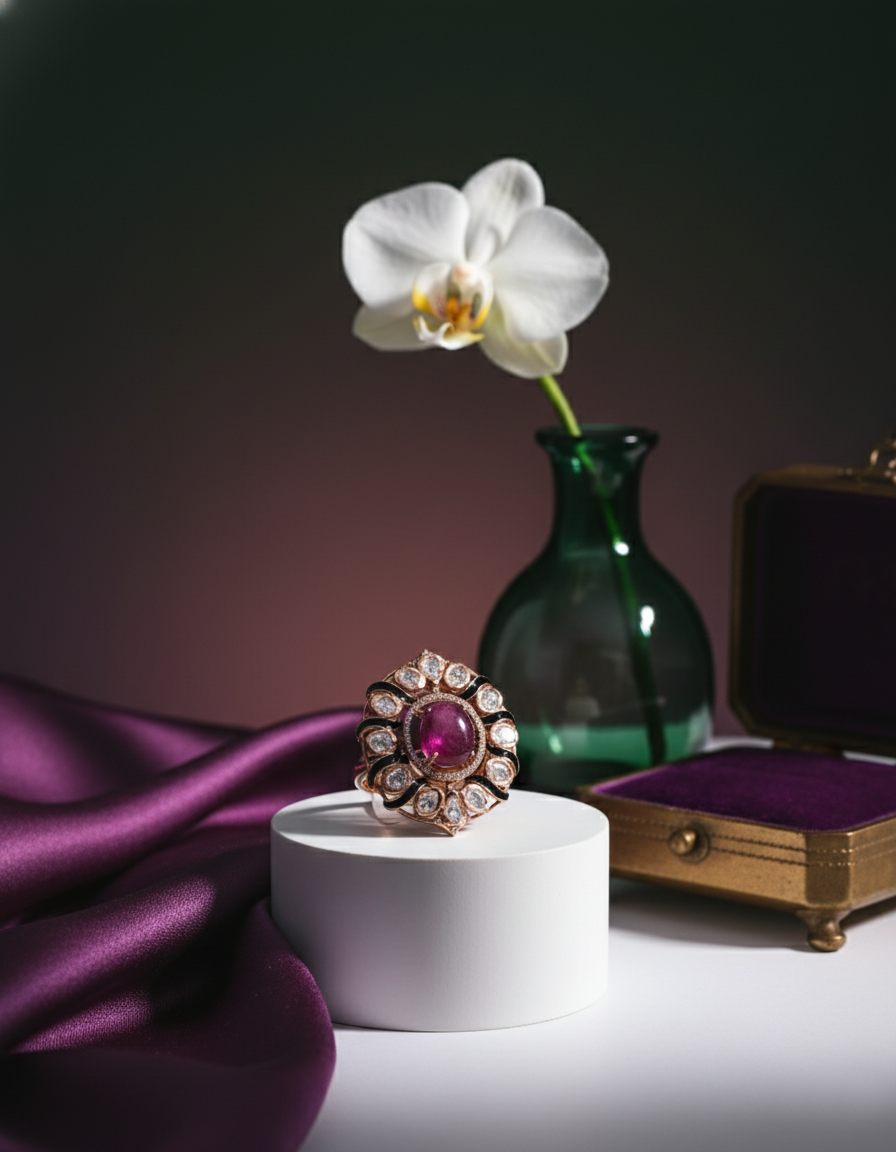 Polki Uncut Diamond Ring with Jali Work Backing - K1RG18YPOL041