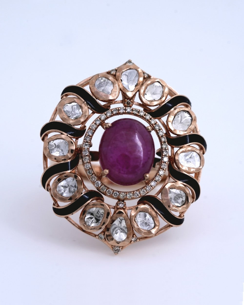 Polki Uncut Diamond Ring with Jali Work Backing - K1RG18YPOL041