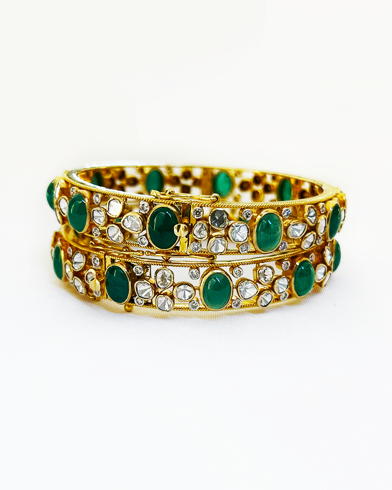 Polki Uncut Diamond Bangle with Open Filigree Back - K2BG18YPOL054