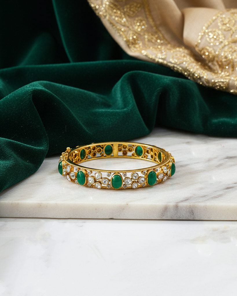 Polki Uncut Diamond Bangle with Open Filigree Back - K2BG18YPOL054