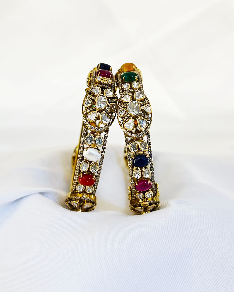 Polki Uncut Diamond Bangle with Open Filigree Back - K2BG18YPOL055