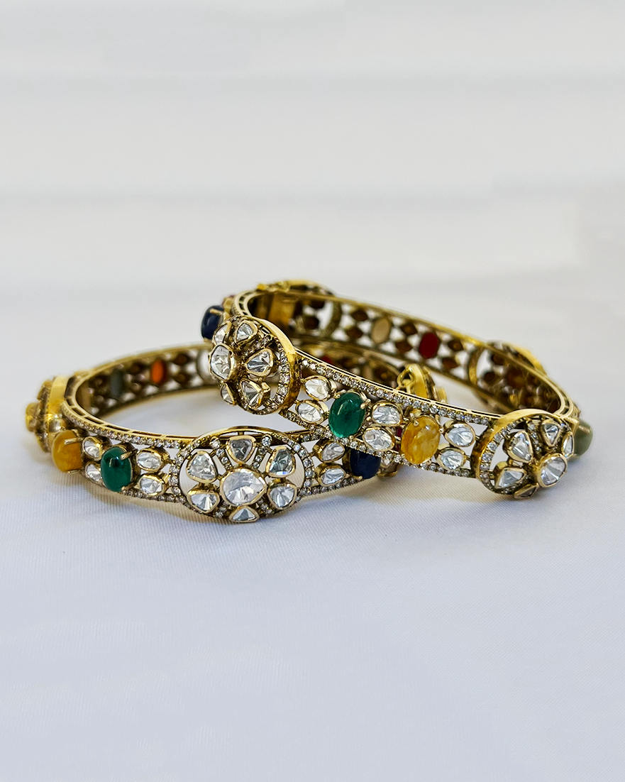 Polki Uncut Diamond Bangle with Open Filigree Back - K2BG18YPOL055