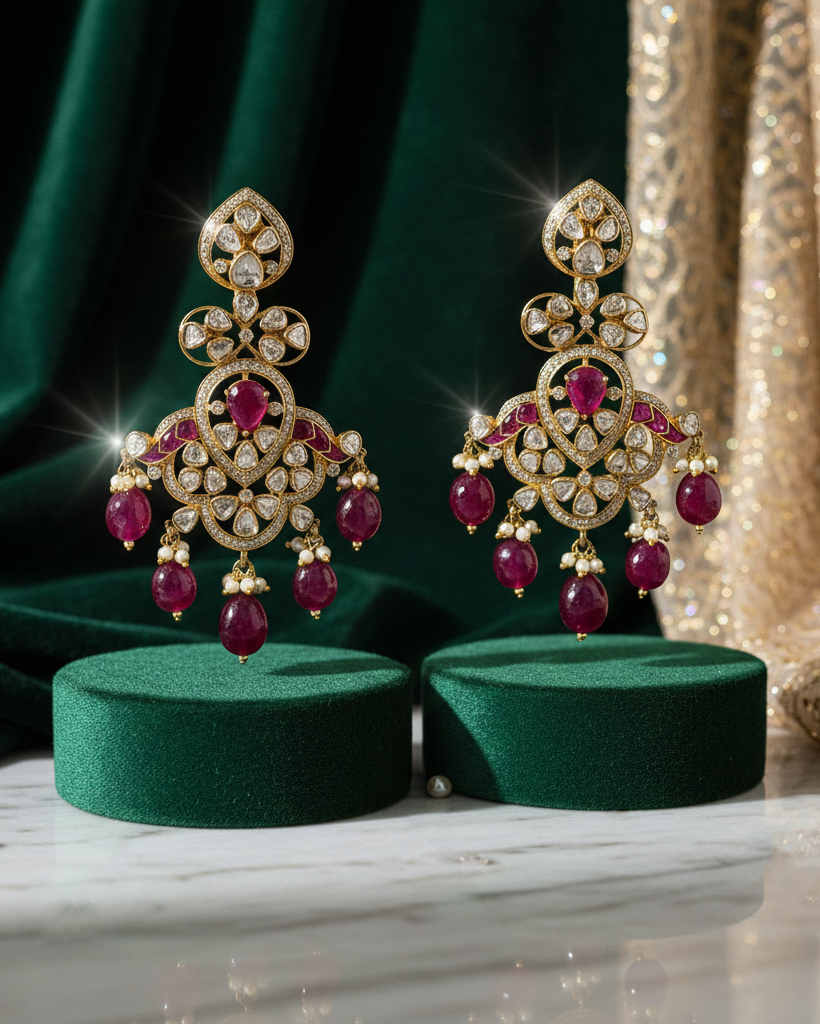 Polki Uncut Diamond Drops with Open Back Fliligree Craftmanship - K2ED18YPOL058