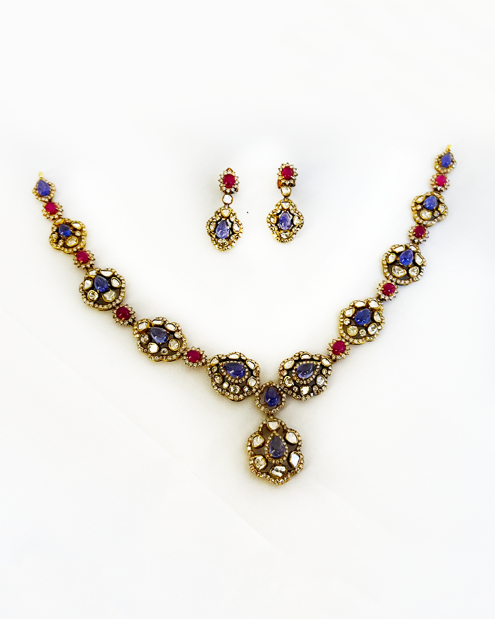 Polki Uncut Diamond Necklace Set with Open Filigree Back - K3NST18YPOL062