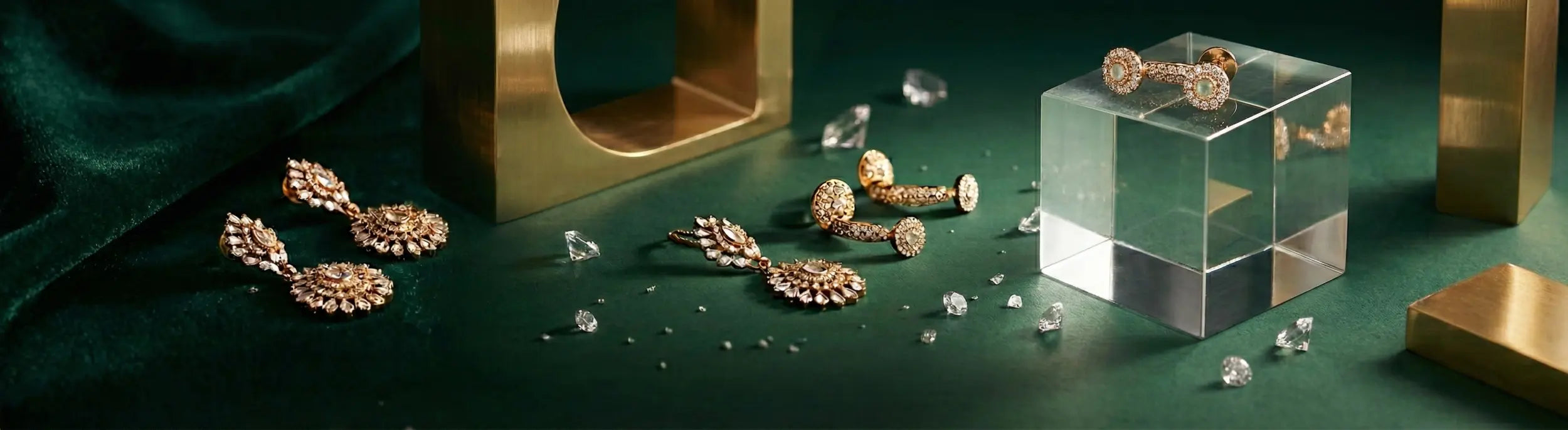 Gold earrings on a green surface with a clear box and gold blocks in the background