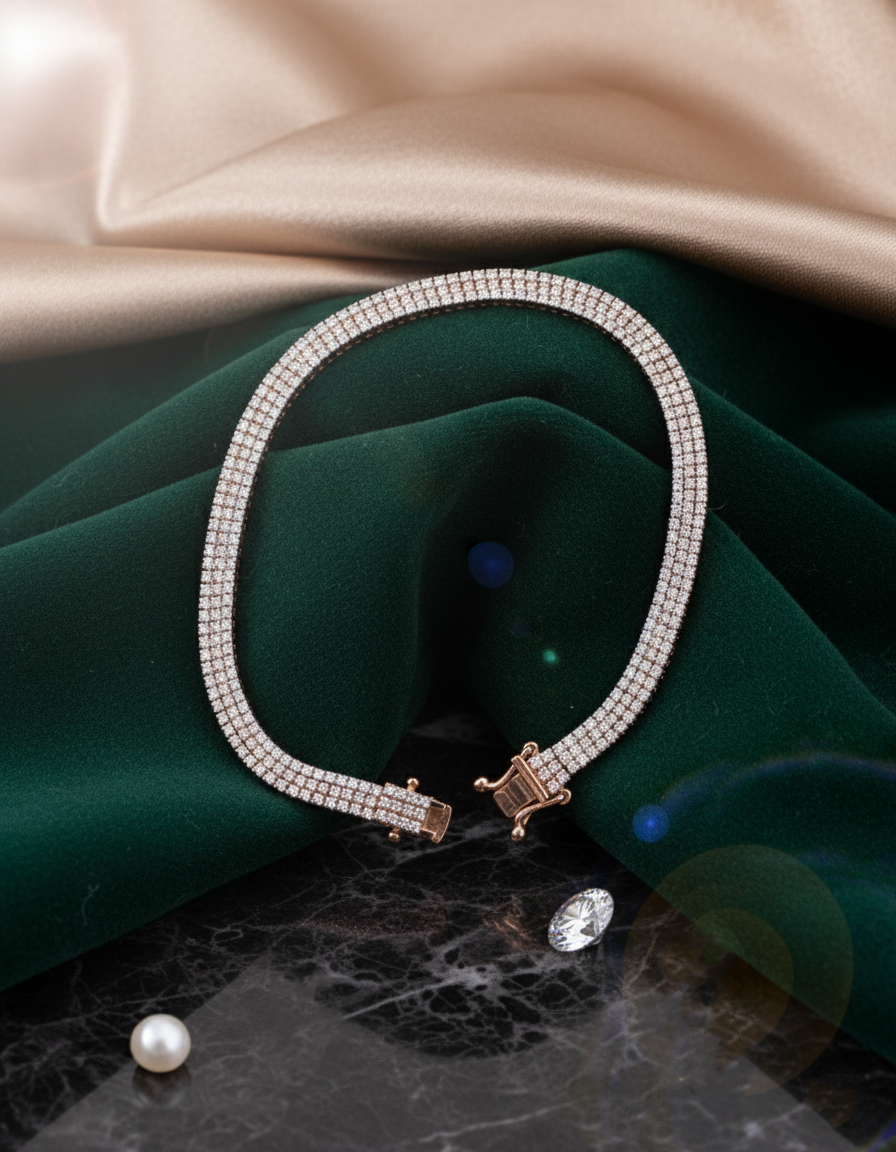 18K gold and Diamond bracelet with gemstones on a green fabric background