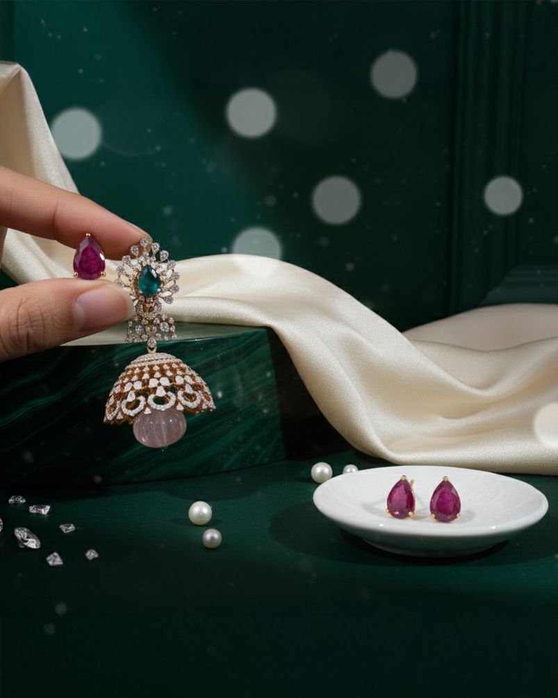 Brilliant Round-Cut Diamond Jumukkas in 18K Yellow Gold with Interchangeable Stones - K1EJ18YDIA013