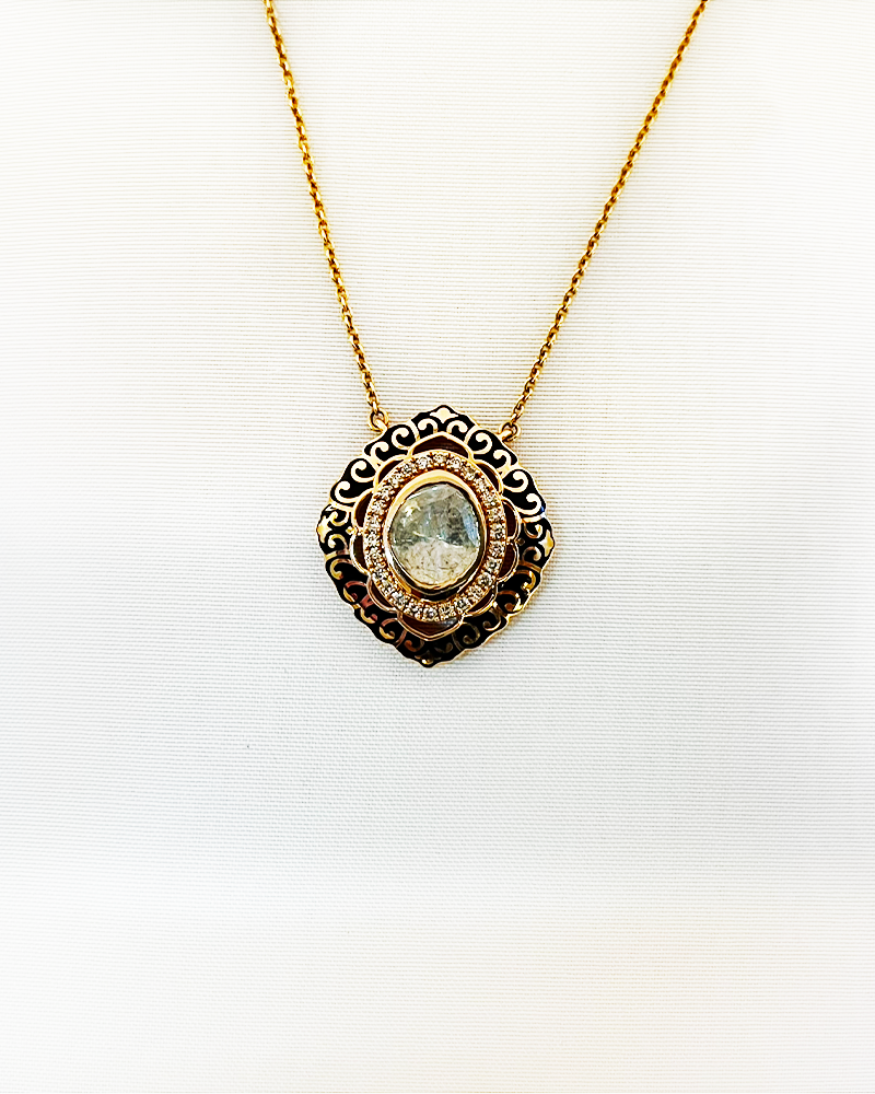 Polki Uncut Diamond Locket with Jali Work Backing - K1LT18YPOL060