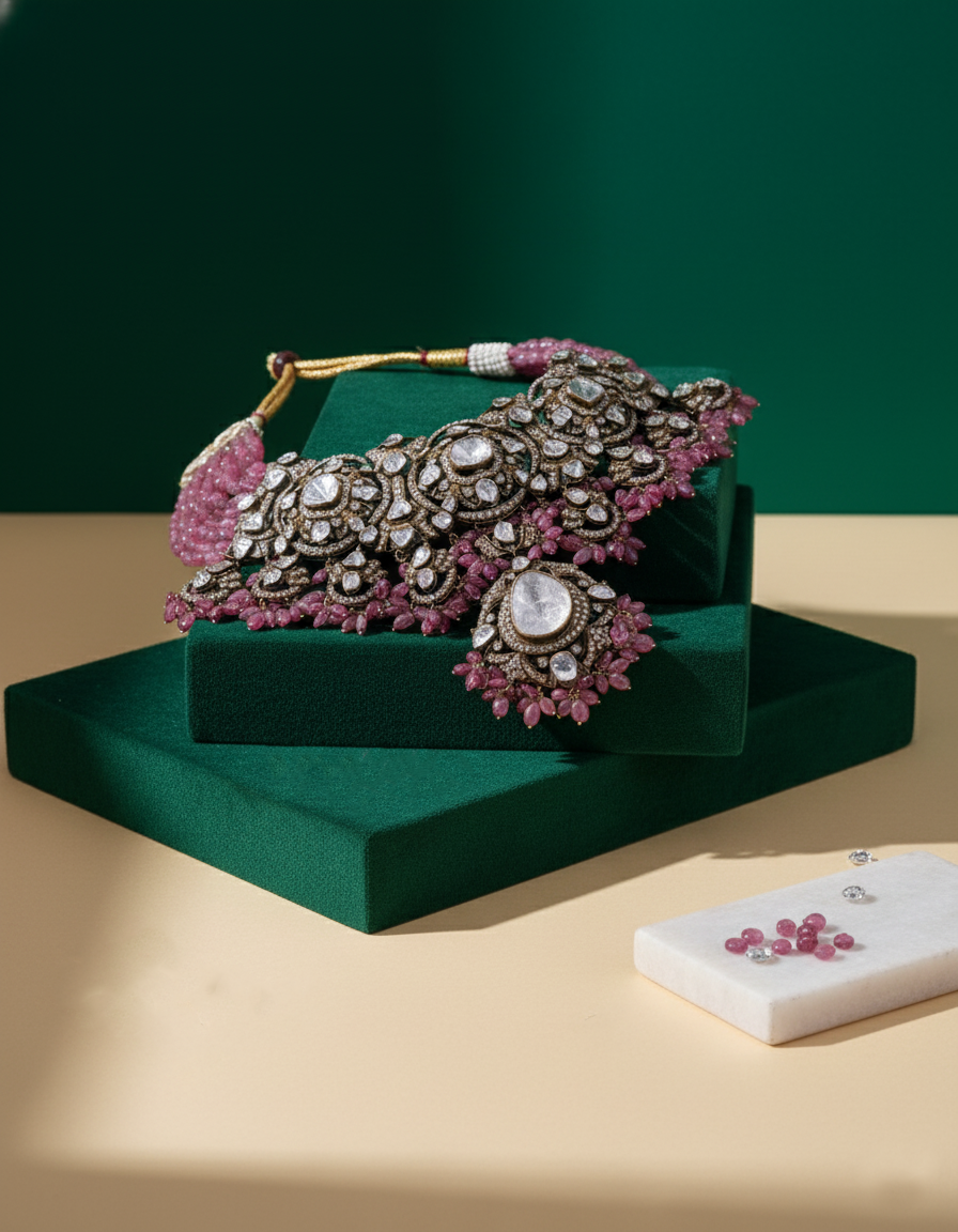 Polki Uncut Diamond Fancy Necklace with Open Back Fliligree Craftmanship - K1NK18YPOL022