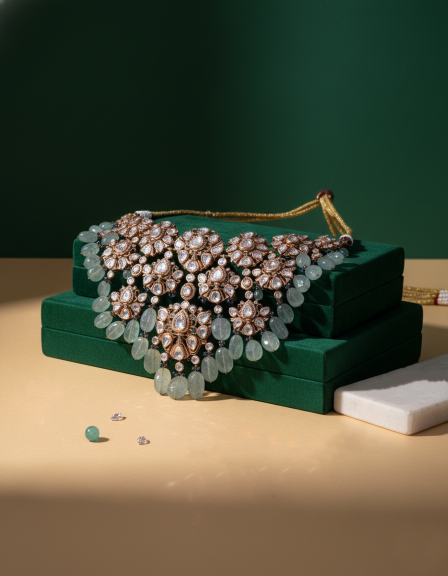 Polki Uncut Diamond Fancy Necklace with Open Back Fliligree Craftmanship - K1NK18YPOL023