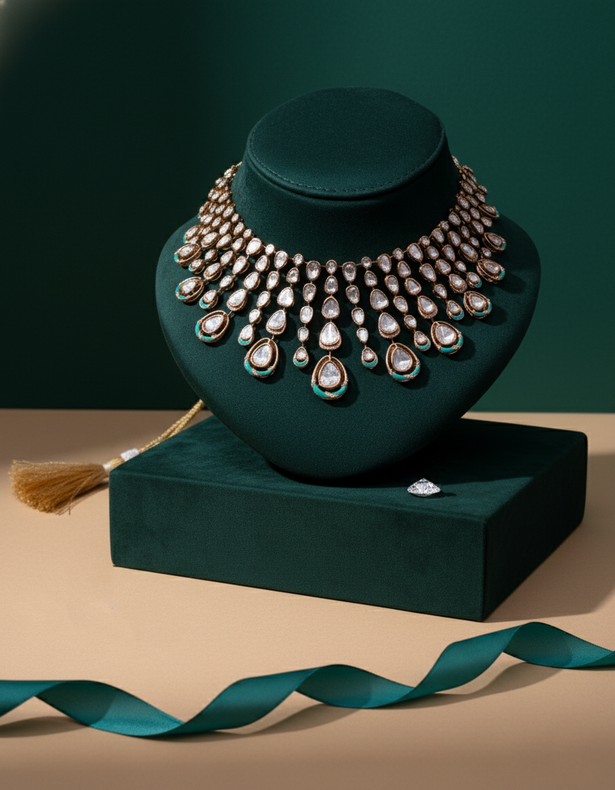 Polki Uncut Diamond Fancy Necklace with Jali Work Backing - K1NK18YPOL025