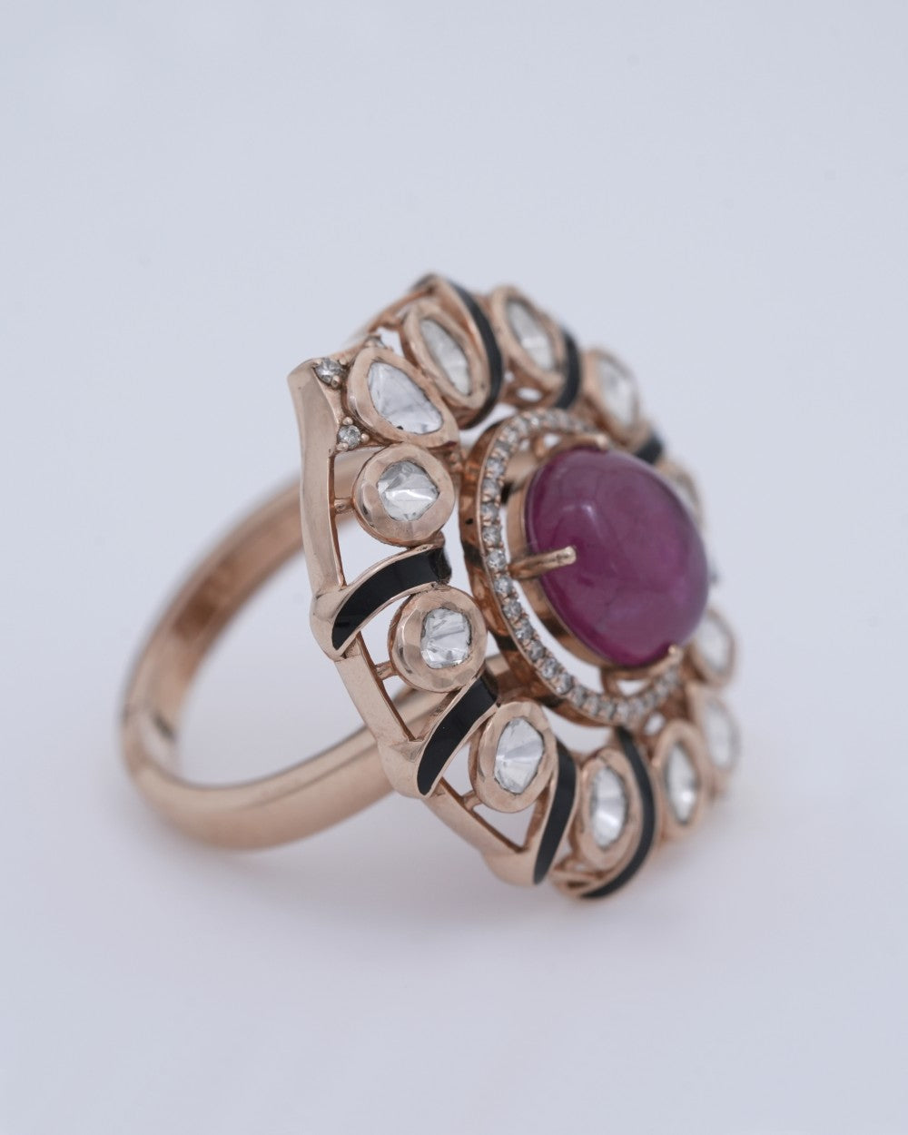 Polki Uncut Diamond Ring with Jali Work Backing - K1RG18YPOL041