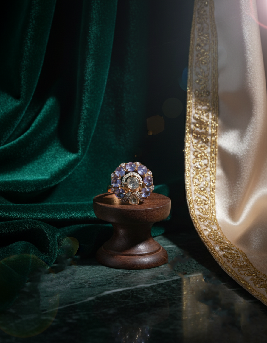 Polki Uncut Diamond Ring with Jali Work Backing - K1RG18YPOL048