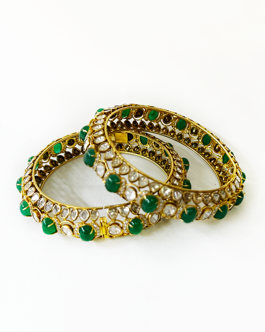 Polki Uncut Diamond Bangle with Open Filigree Back - K2BG18YPOL053