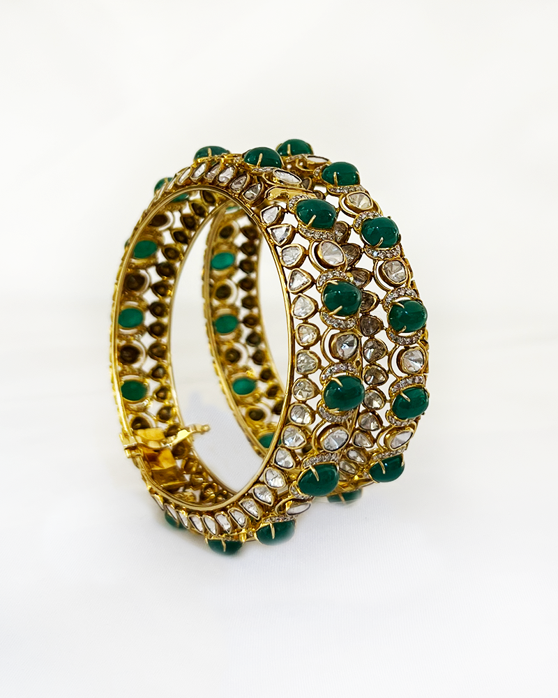 Polki Uncut Diamond Bangle with Open Filigree Back - K2BG18YPOL053