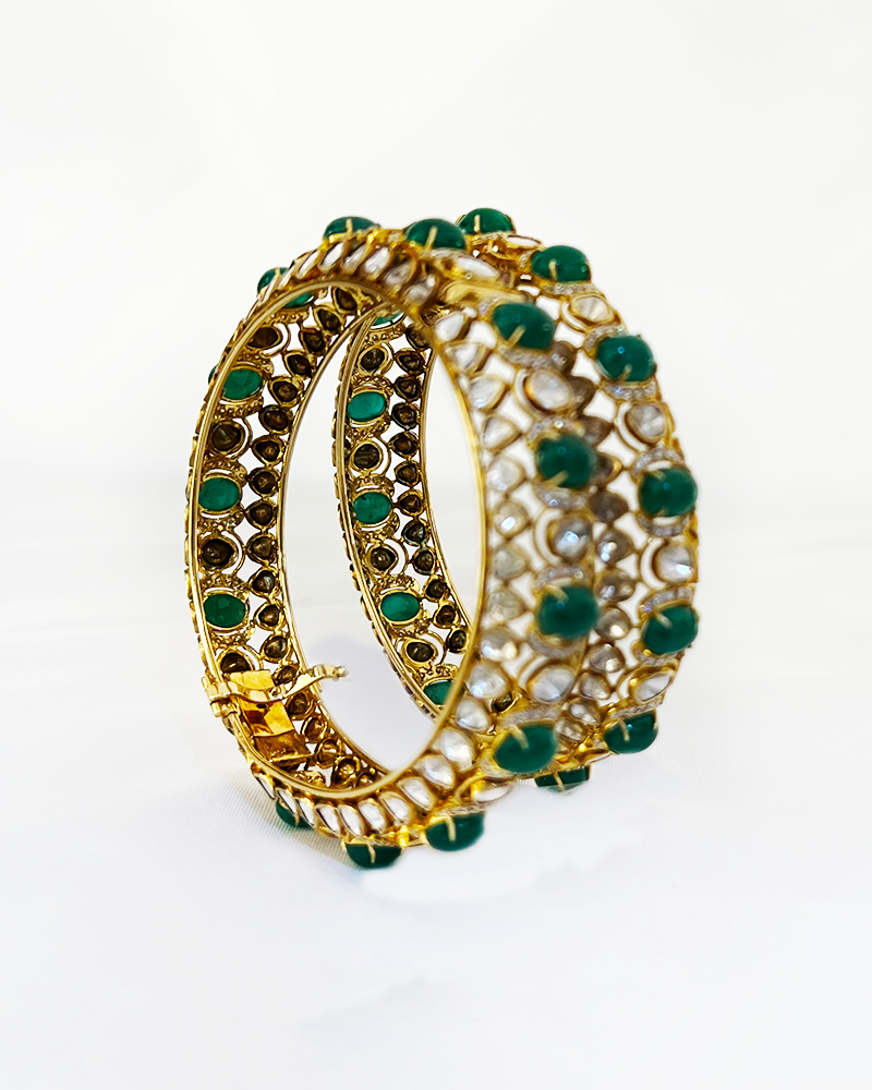 Polki Uncut Diamond Bangle with Open Filigree Back - K2BG18YPOL053