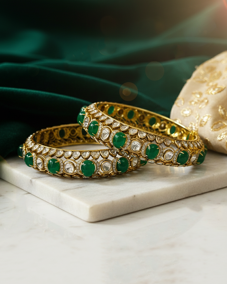 Polki Uncut Diamond Bangle with Open Filigree Back - K2BG18YPOL053