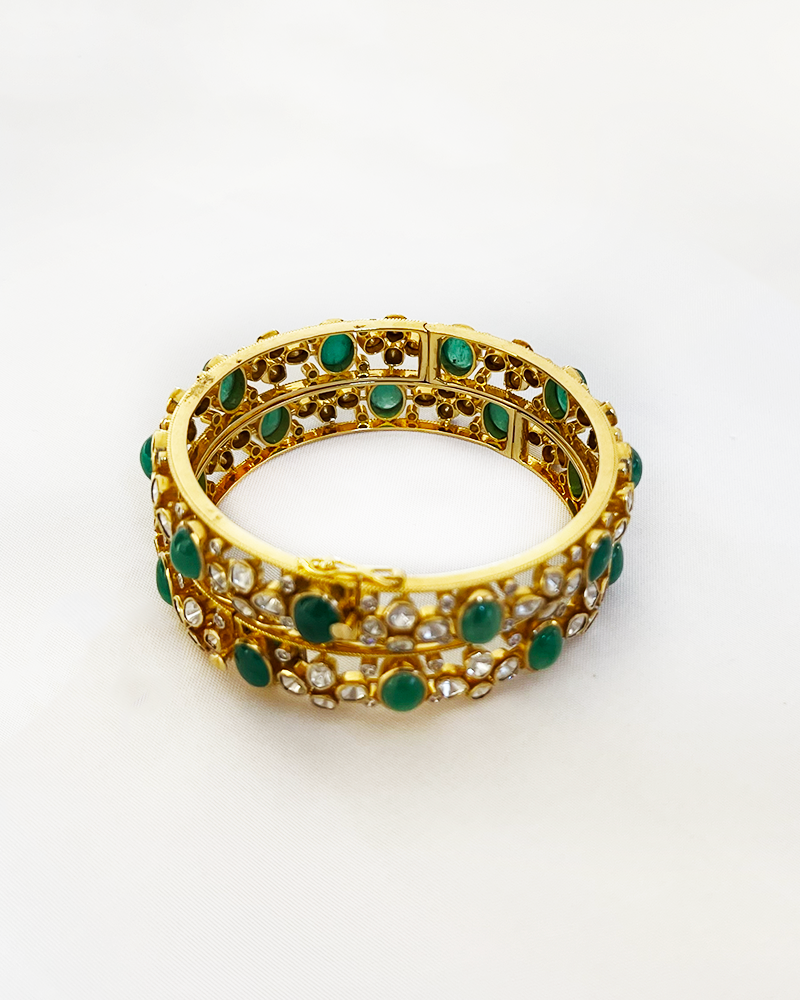 Polki Uncut Diamond Bangle with Open Filigree Back - K2BG18YPOL054
