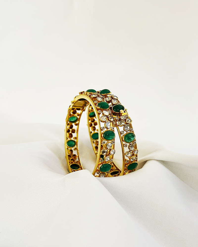 Polki Uncut Diamond Bangle with Open Filigree Back - K2BG18YPOL054