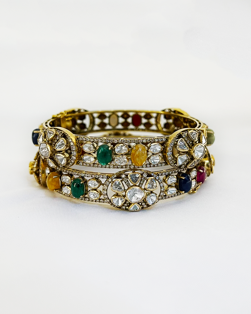 Polki Uncut Diamond Bangle with Open Filigree Back - K2BG18YPOL055