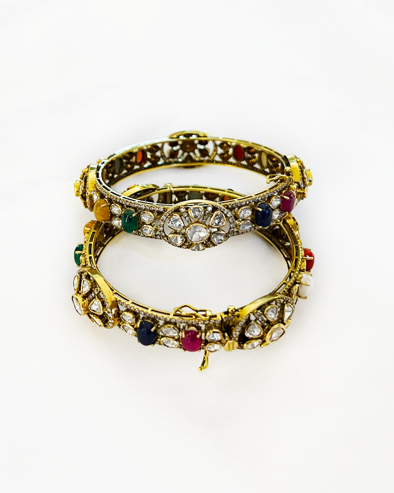 Polki Uncut Diamond Bangle with Open Filigree Back - K2BG18YPOL055