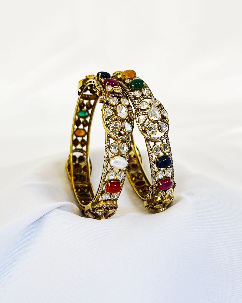 Polki Uncut Diamond Bangle with Open Filigree Back - K2BG18YPOL055