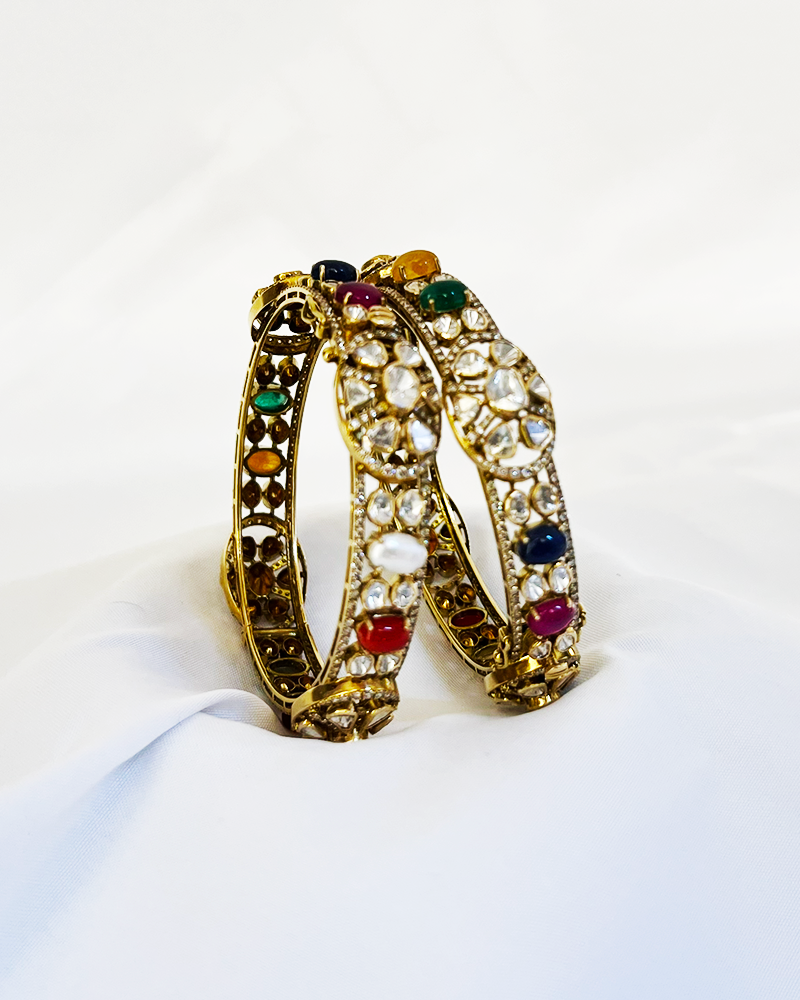 Polki Uncut Diamond Bangle with Open Filigree Back - K2BG18YPOL055