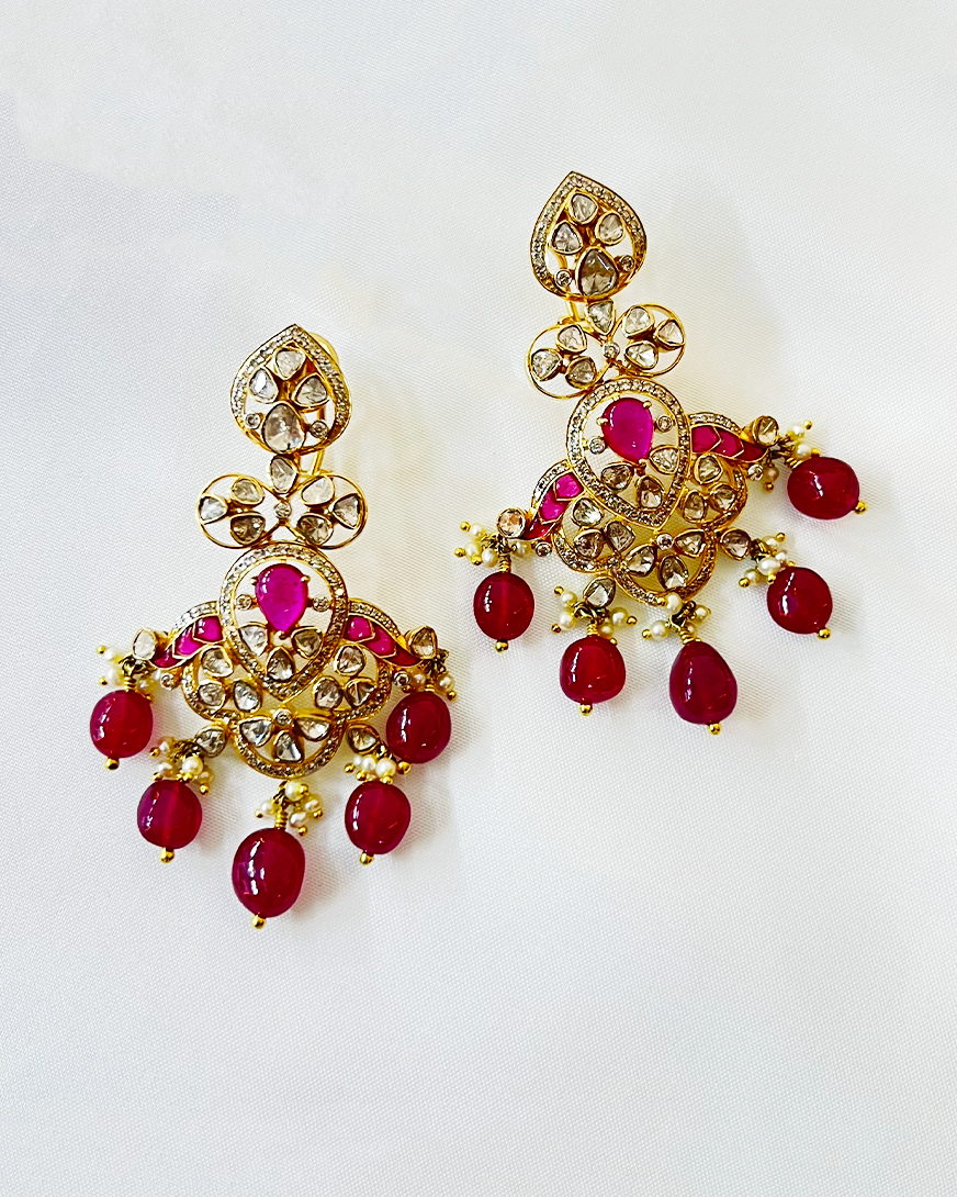 Polki Uncut Diamond Drops with Open Back Fliligree Craftmanship - K2ED18YPOL058