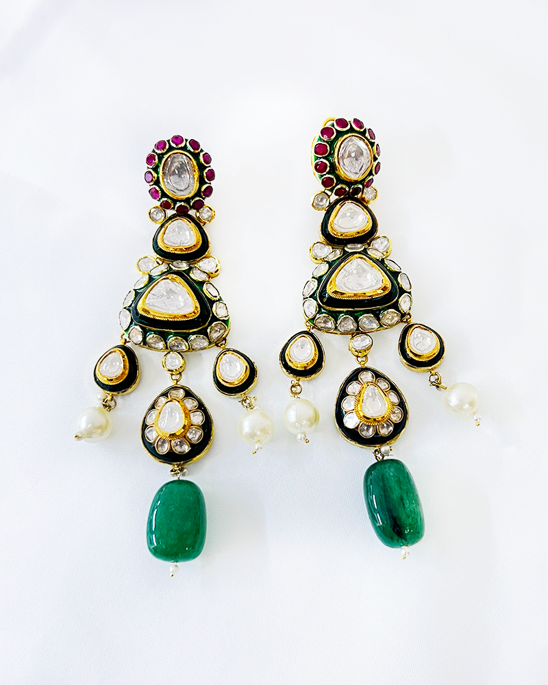 Polki Uncut Diamond Drops with Enamal Backing - K2ED18YPOL059