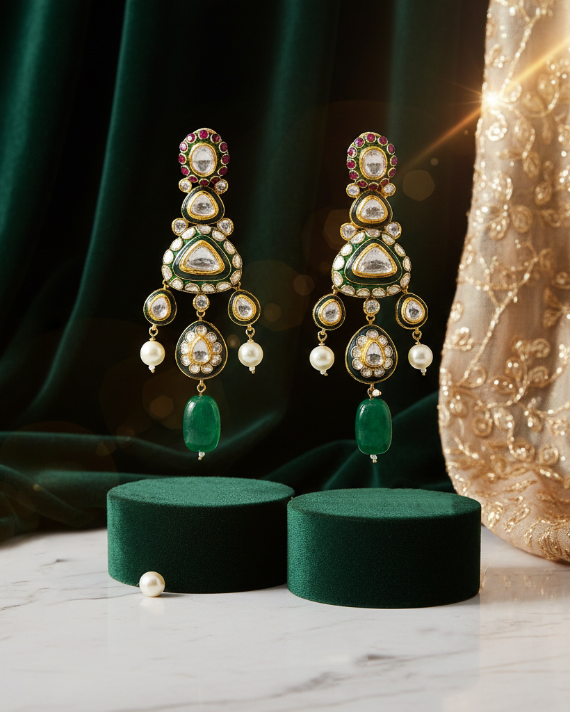 Polki Uncut Diamond Drops with Enamal Backing - K2ED18YPOL059