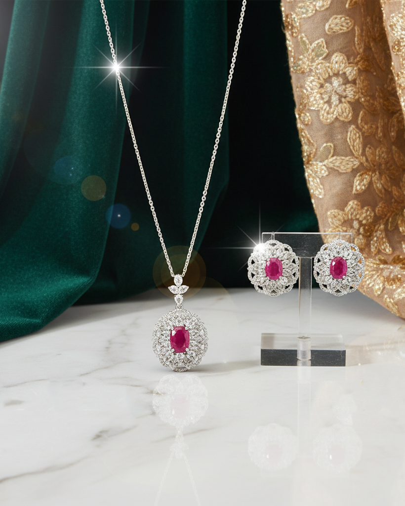 Jewelry set with necklace and earrings featuring red gemstones on a marble surface.