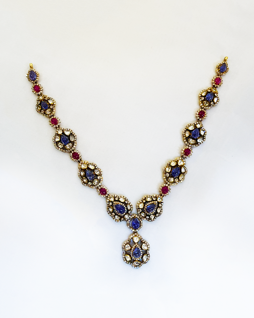 Polki Uncut Diamond Necklace Set with Open Filigree Back - K3NST18YPOL062