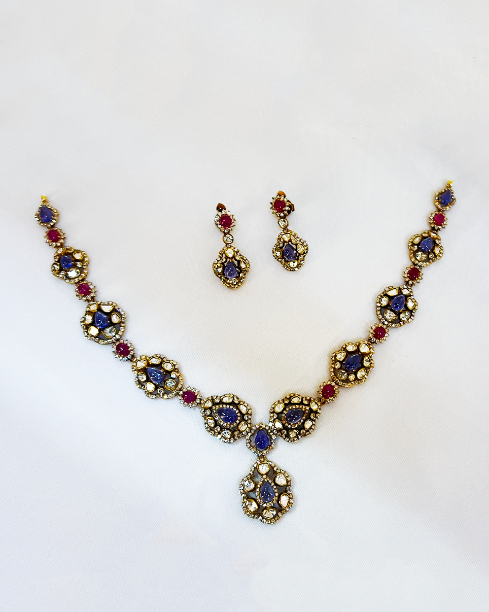 Polki Uncut Diamond Necklace Set with Open Filigree Back - K3NST18YPOL062