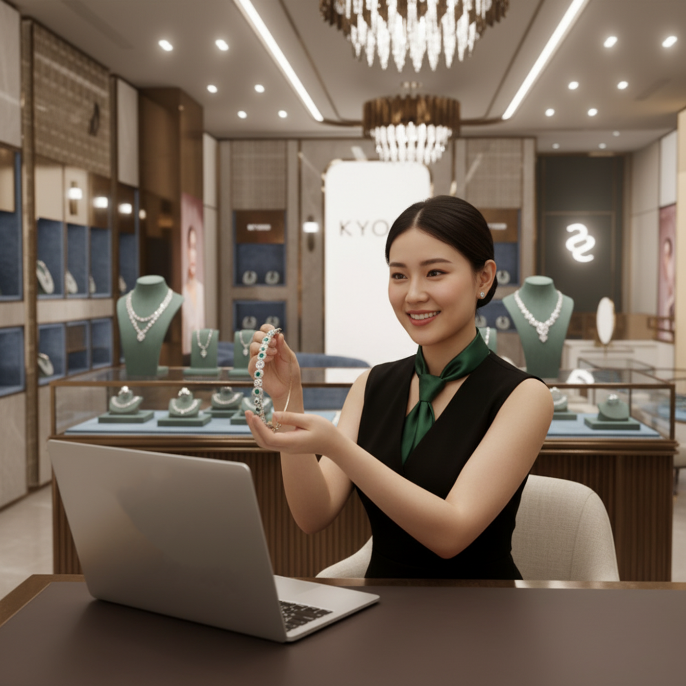 KYOMI staff in a boutique holding a bracelet with a laptop in front of her